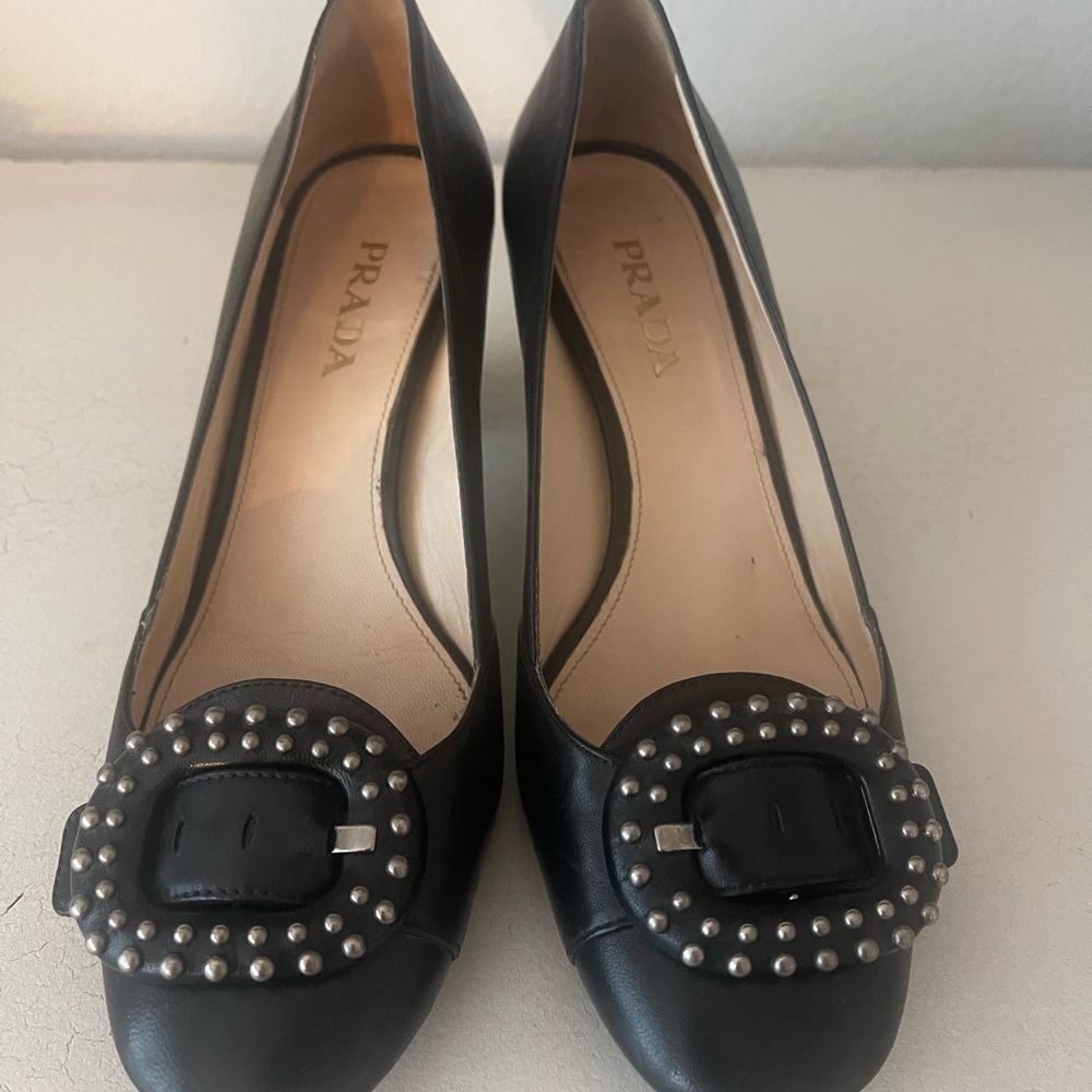 Prada Black Women's Shoes with Silver Stud Buckles